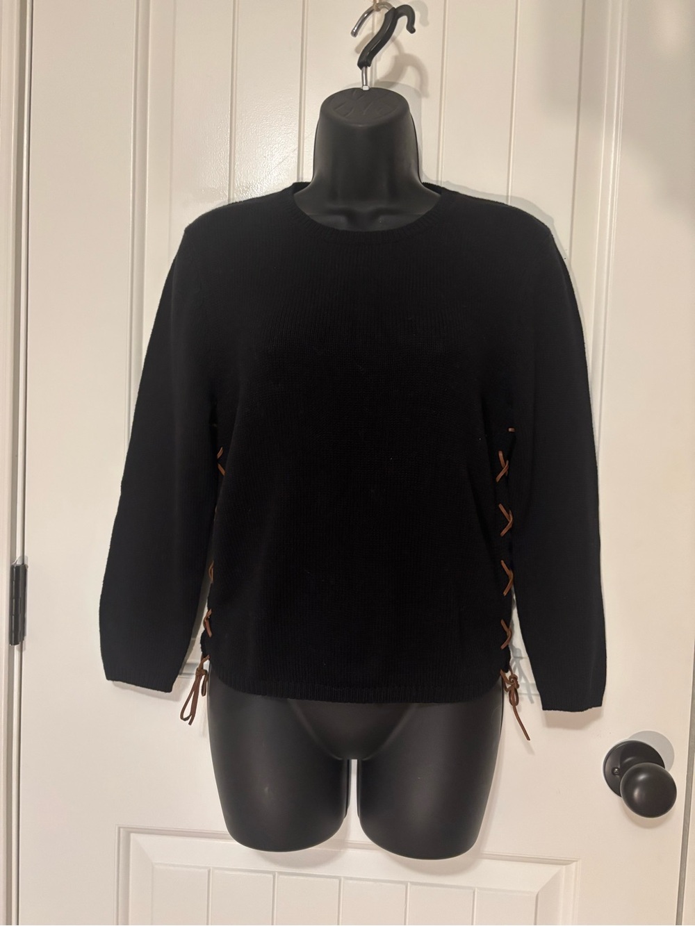 Ralph Lauren Black Cotton Lace-Up Side Sweater M Leather Trim